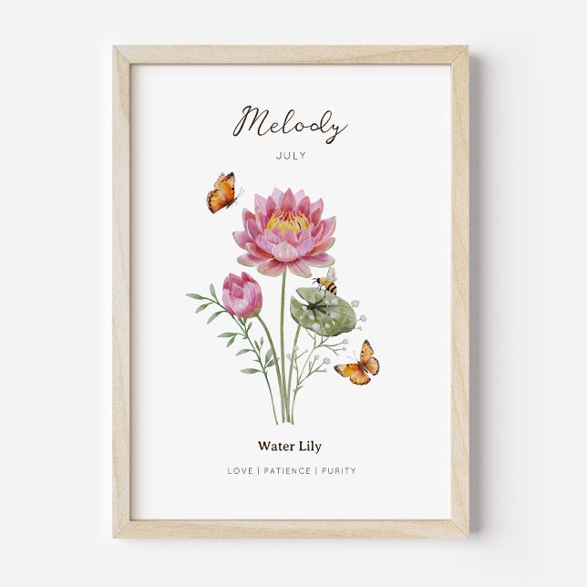 Näckros Födelsemånad Blomma Affisch (Example of water lily birth flower poster once framed. )