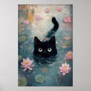 Näckros svart katt tryck, katt i vatten mörk poster