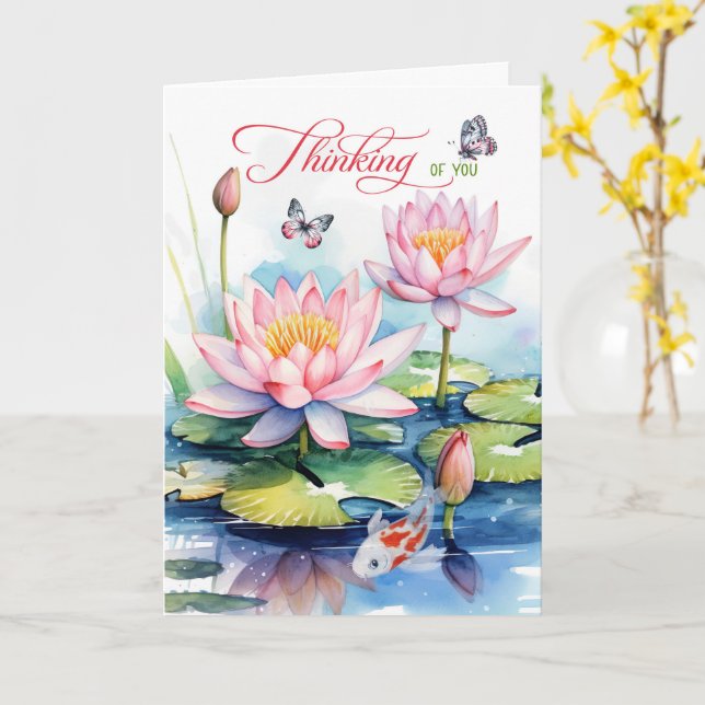 Näckros trädgård med Koi-fiskar Tänker på dig Kort (Gul blomma)