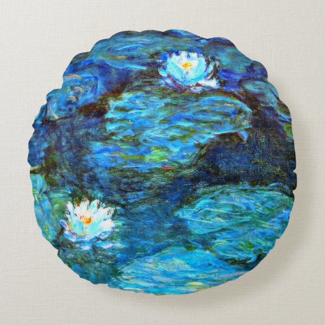 Näckrosor (blå) av Claude Monet Rund Kudde (Framsidan)
