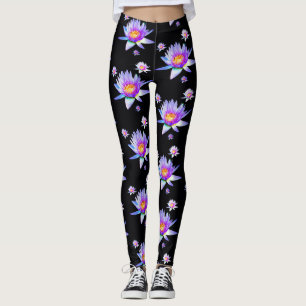 Näckrosor på svart bakgrund leggings