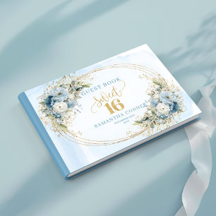 Nåd fylld dammig blå blomster Sweet 16 gästbok
