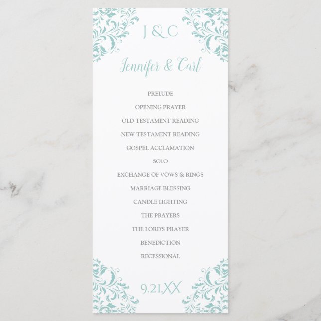 Nadine-Bröllopsprogram | Tall (lätt turkos) Program (Framsida)