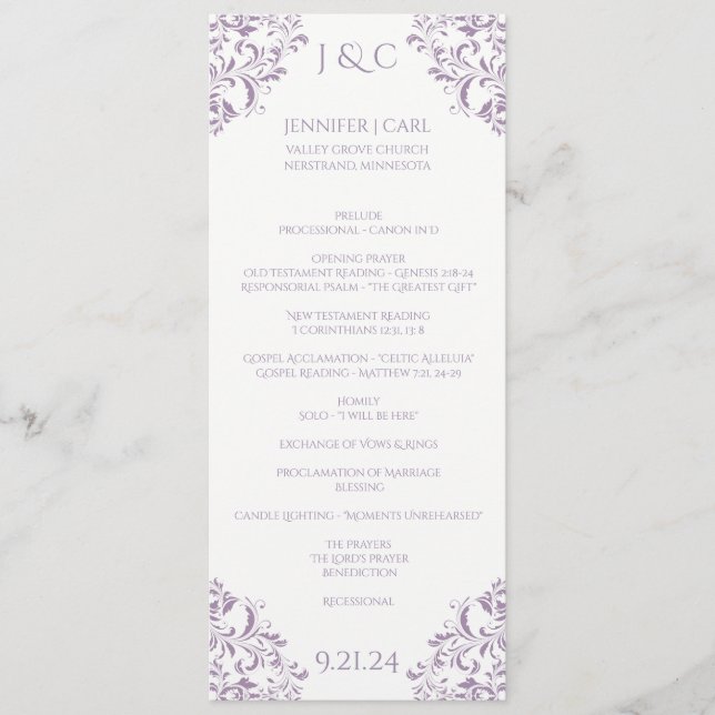 Nadine Bröllopsprogram - Tea-length -Lavendel Program (Framsida)