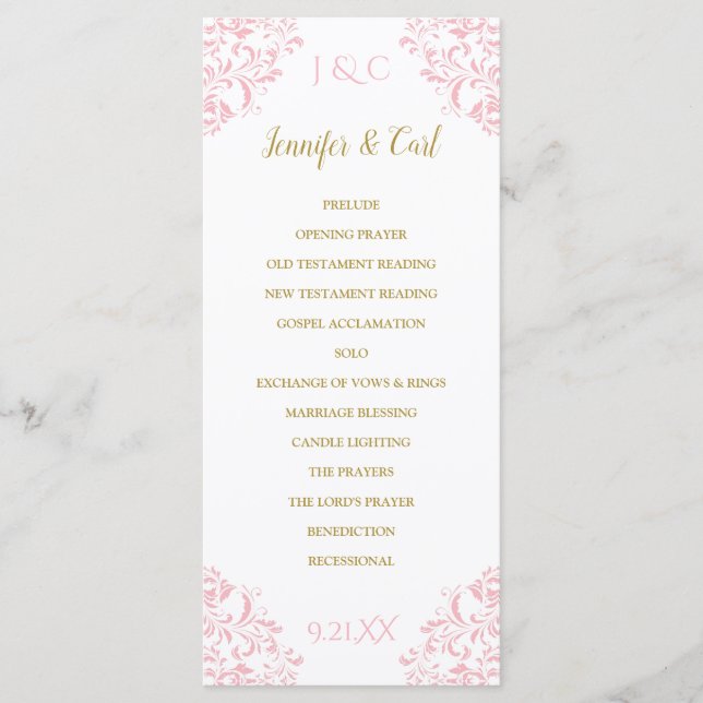 Nadine Bröllopsprogram | Tea-Length (Rosa & Guld) Program (Framsida)
