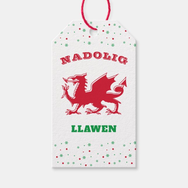Nadolig Llawen Red Welsh Dragon God jul Presentetikett (Framsidan)