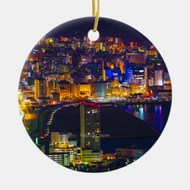 Nagasaki Japan på natten Julgransprydnad Keramik (Framsidan)