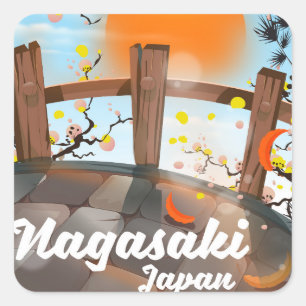 Nagasaki Japansk blommar poster. Fyrkantigt Klistermärke