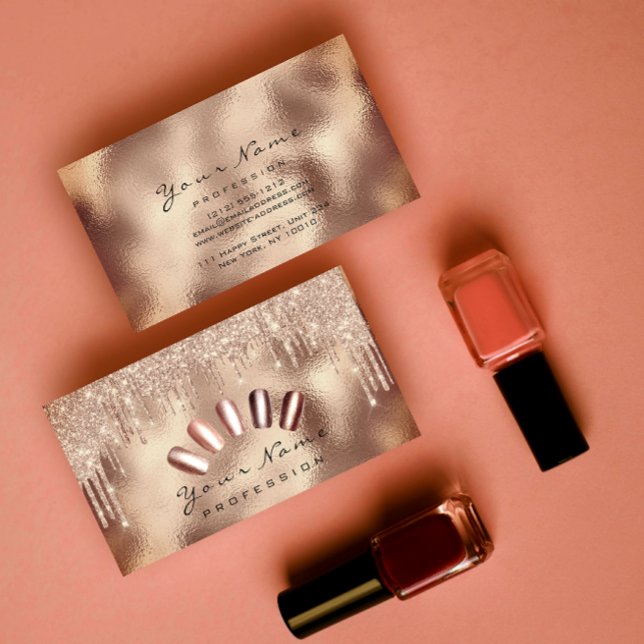 Nagel Art Glitter Smala Ro Guld Manicidenter Visitkort (Nails Art Glitter Skinny Rose Gold Manicure Drips Business Card)