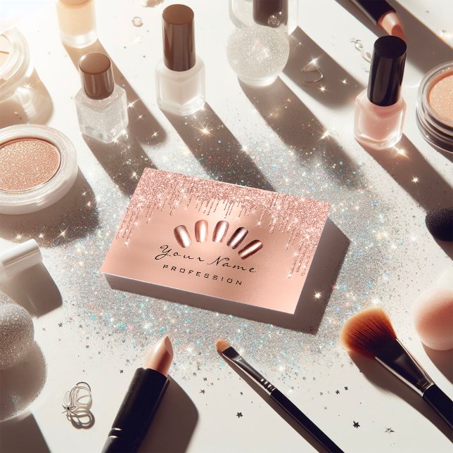 Nagel Art Glitter Smala Rosa ros Manicidenter Visitkort (Nails Art Glitter Skinny Pink Rose Manicure Drips Business Card)