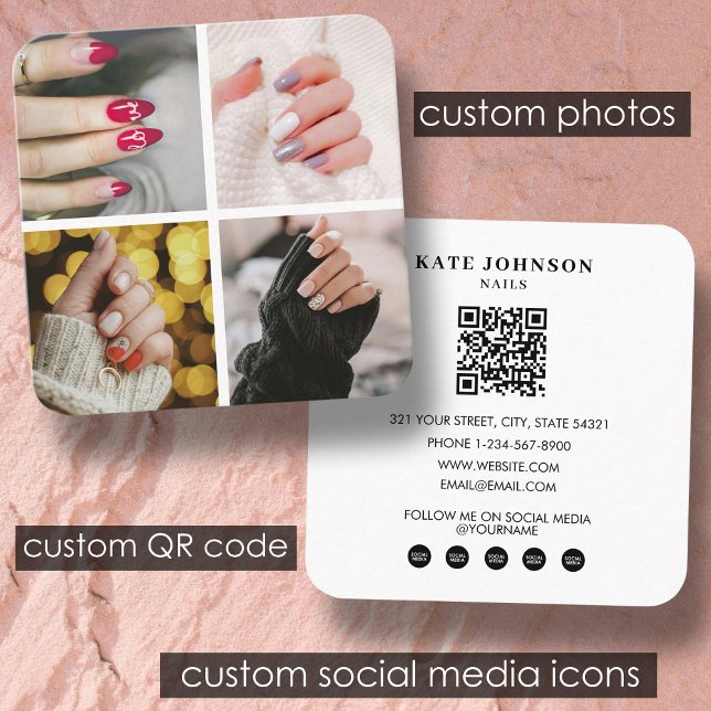 Nagel Beauty Salon Nail Artist 4 Foton QR-kod Fyrkantigt Visitkort (Nails Beauty Salon Nail Artist 4 Photos QR Code Square Business Card)