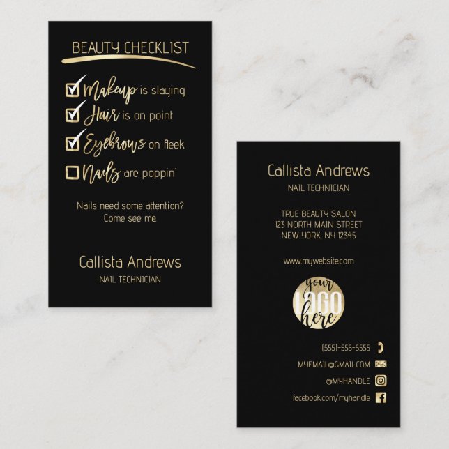 Nagel Guld Black Beauty Checklist Business Logotyp Visitkort (Fram/baksida)