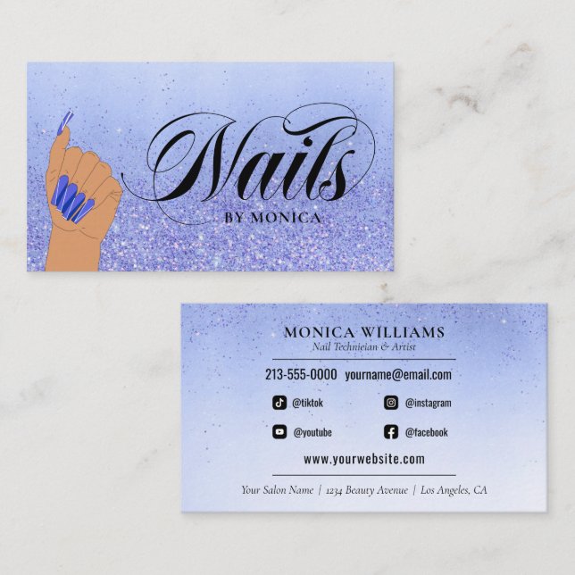 Nagel Manikurist Tech Blue Glam Glitter Nail Salon Visitkort (Fram/baksida)