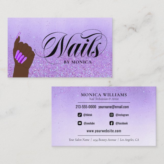 Nagel ManiURE Tech Lila Glam Glitter Nail Salon Visitkort (Fram/baksida)