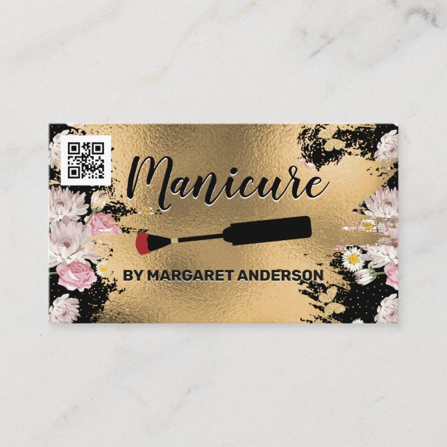Nagel polsk pensel | Guld och Blommor | qr-kod Tidsbeställning Kort (Framsida)