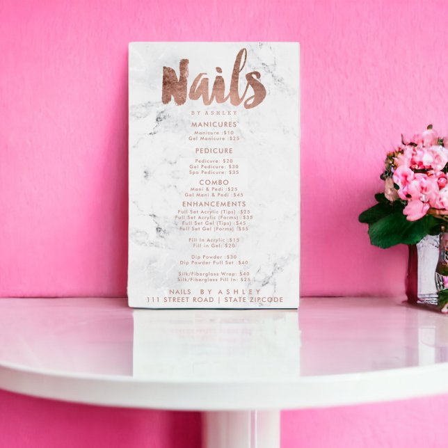 Nagel pris listtypografi ro guld poster (Nails price list typography rose gold white marble poster)
