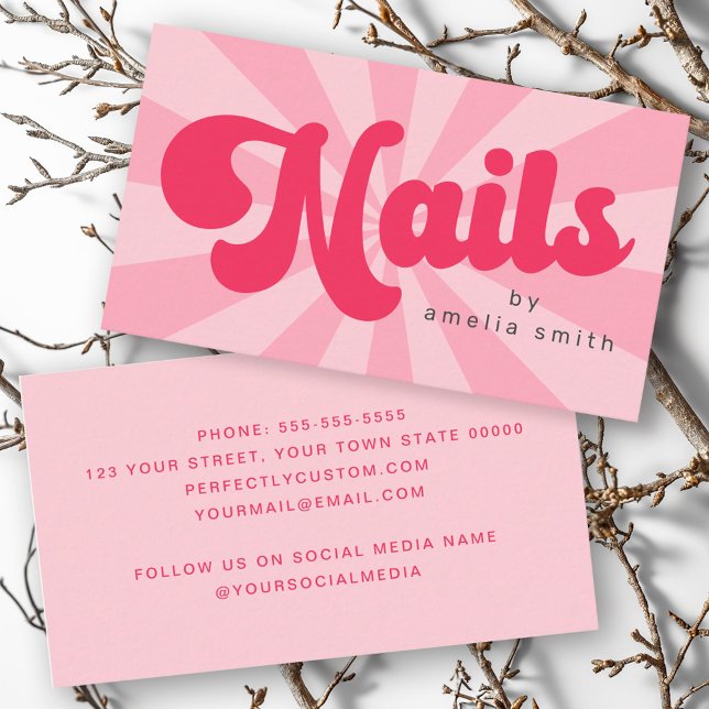 Nagel rosa eller färg solsprängning visitkort (Nails retro pink or any color sunburst business card)