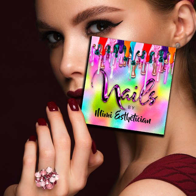 Nagel Studio Artist Nagel Script Logotyp Holograph Fyrkantigt Visitkort (Nails Studio Artist Nails Script Logo Holograph Square Business Card)