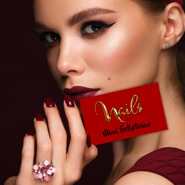 Nagel Studio Artist Red Nagel Script Red Guld Logo Visitkort (Nails Studio Artist Red Nails Script Red Gold Logo Business Card)