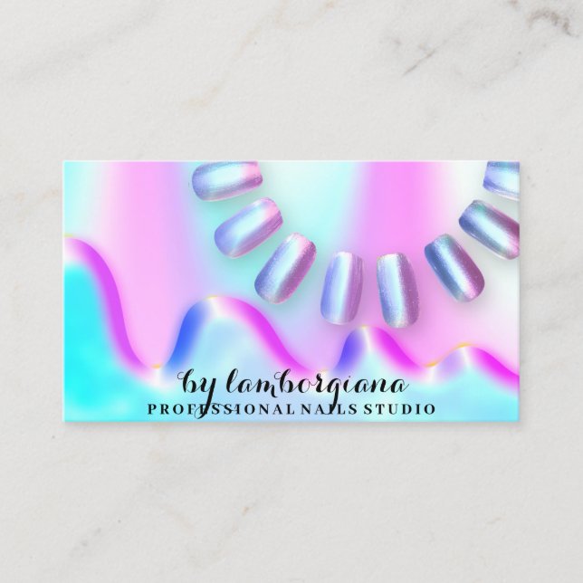 Nagel Studio Logotyp Holograph QR Code Blue Rosa Visitkort (Framsida)