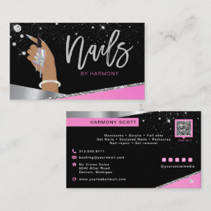 Nagel Tech Artist Glam Rosa Silver Diamond Salon Visitkort
