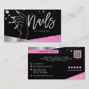 Nagel Tech Artist Glam Rosa Silver Diamond Salon Visitkort