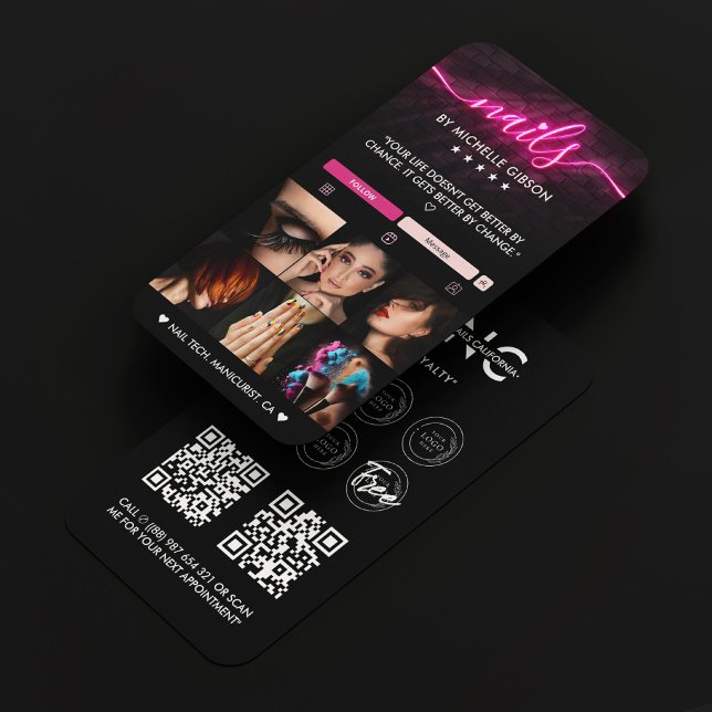 Nagel Tech Black Rosa Neon Nail Artist Manicurist Visitkort (Nail Tech Black Pink Neon Nail Artist Manicurist Business Card
)