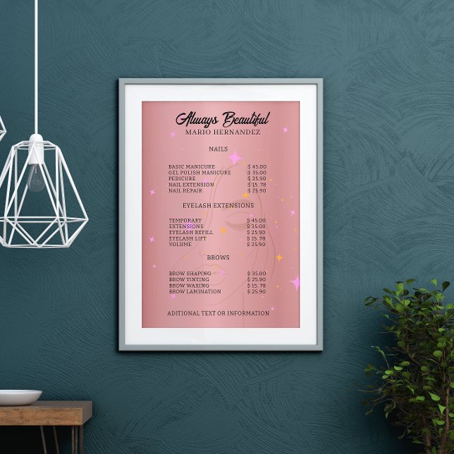 Nagel Tech Esthetician Pris List Ro Guld Poster (Nail Tech Esthetician Price List Rose Gold Poster)