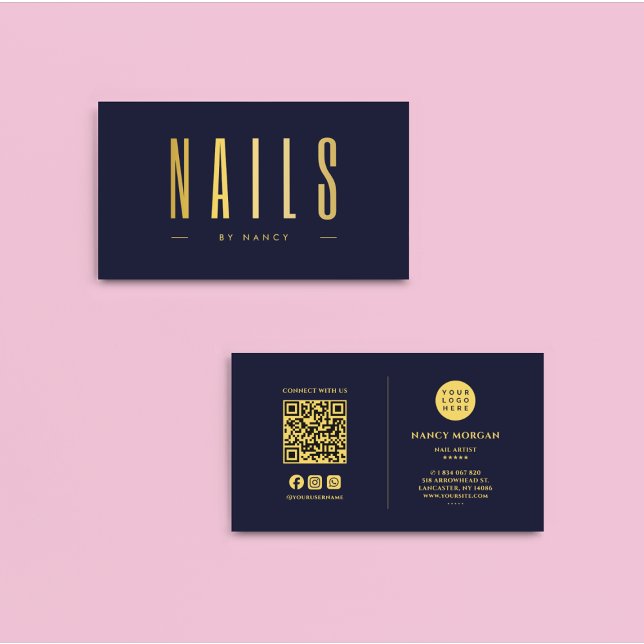 Nagel Tech Manicurist QR Code Logotyp Navy & Guld Visitkort (Skapare uppladdad)