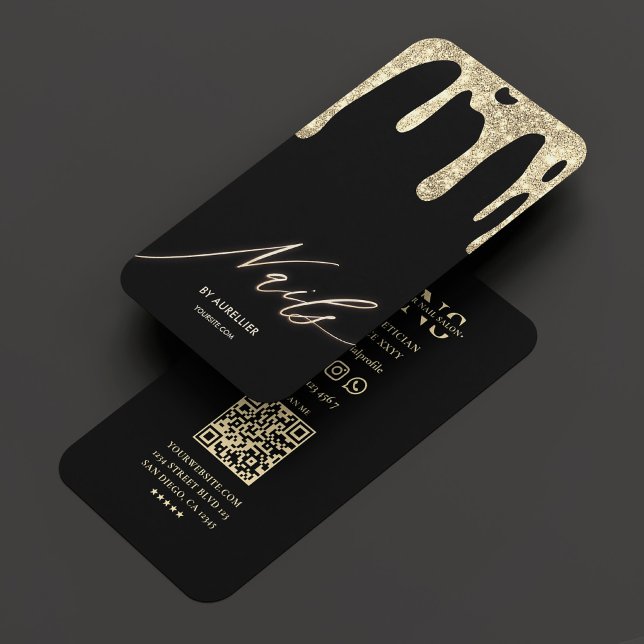 Nagel Tech Nail Artist Black Guld Drift Modern Visitkort (Nail Tech Nail Artist Black Gold Drip Modern Business Card
)