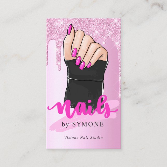 Nagel Tech Nail Artist Salon Rosa Glitter-drivning Visitkort (Framsida)