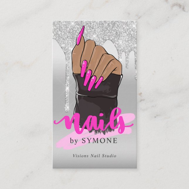 Nagel Tech Nail Salon Silver Glitter-drivning Visitkort (Framsida)