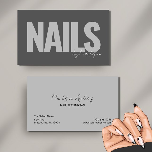 Nagel Tech Professionell Salon Grått Typografi Visitkort (Nail Tech Professional Salon Gray Typography Business Card)