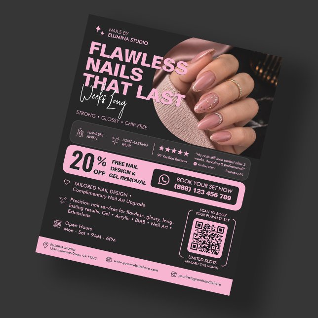 Nagel Tech Salong Studio Skönhet Estetisk Rosa Sva Flygblad (Nail Tech Salon Studio Beauty Aesthetic Pink Black Flyer
)
