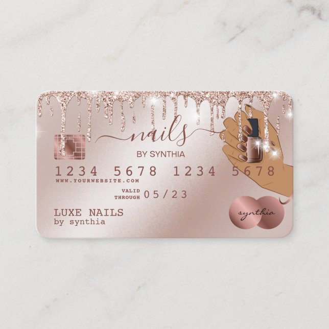 Nagel Technician Kredit Card Styled Ro Guld Drip Visitkort (Framsida)