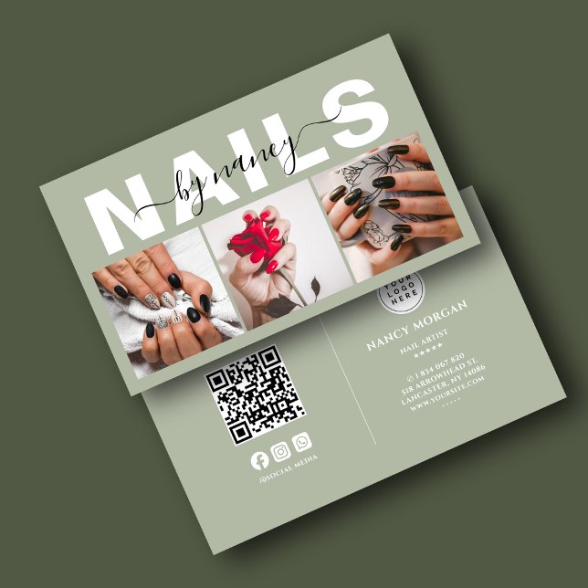 Nagelkonstnär Foto Collage Qr Code Logo Sagegrön  Visitkort (Skapare uppladdad)