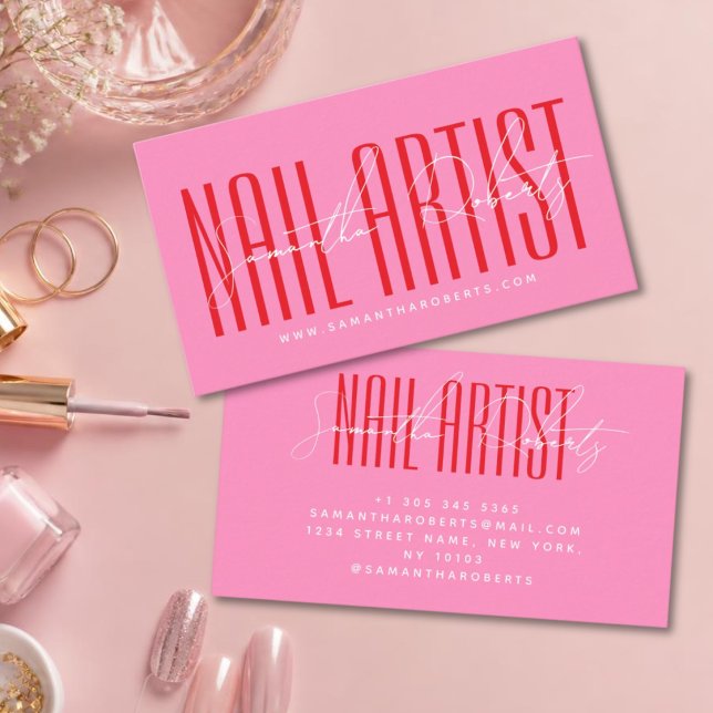 Nagelkonstnär modern typsnittskrift rosa visitkort (Skapare uppladdad)