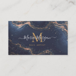 Nagelkonstnär Navy Blue Agat Guld Monogram Visitkort