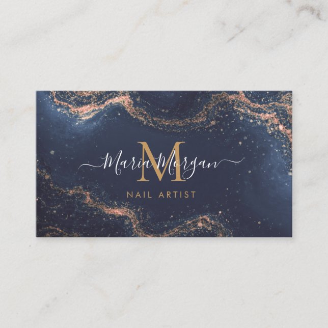 Nagelkonstnär Navy Blue Agat Guld Monogram Visitkort (Framsida)
