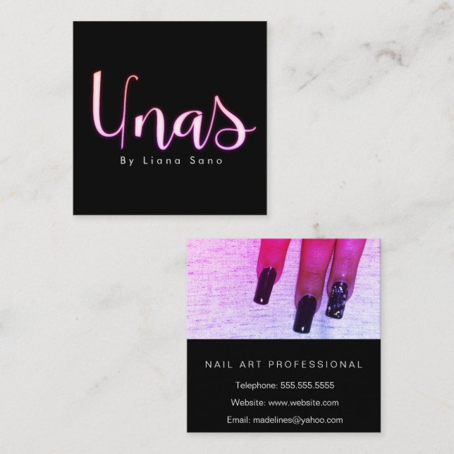 Nagelkonstnär Unas Glow Script och Foto Salon Rosa Fyrkantigt Visitkort (Fram/baksida)
