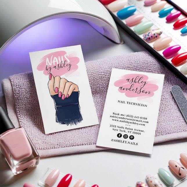 Nagelsalongiga rosa trendig nagel illustration visitkort (Nail salon girly pink trendy nails illustration)