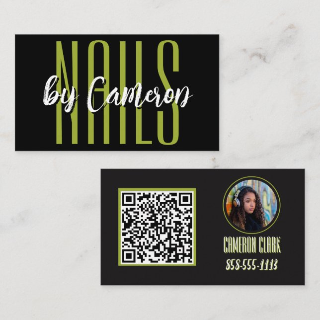 Nagelstudio Affärskort Djärgt Grönt Foto QR-kod Visitkort (Fram/baksida)