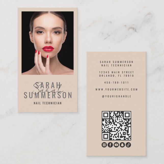 Nagelstudio QR-kod Foto Script Beige Visitkort (Fram/baksida)
