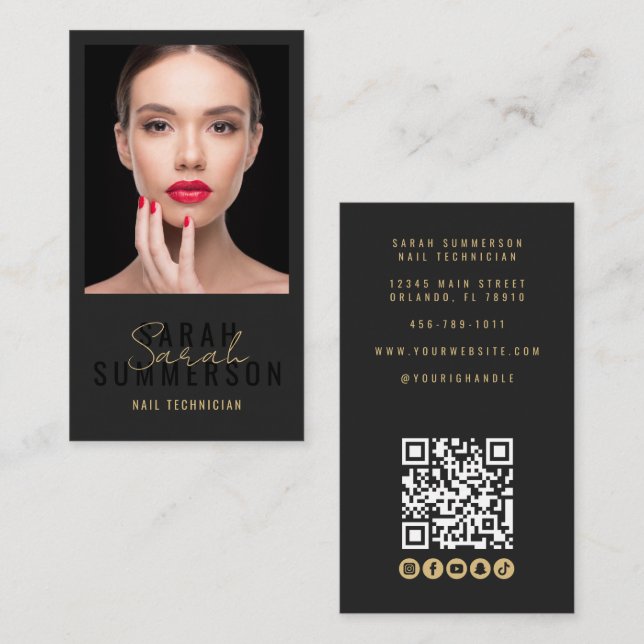 Nagelstudio QR-kod Foto Script Beige Visitkort (Fram/baksida)