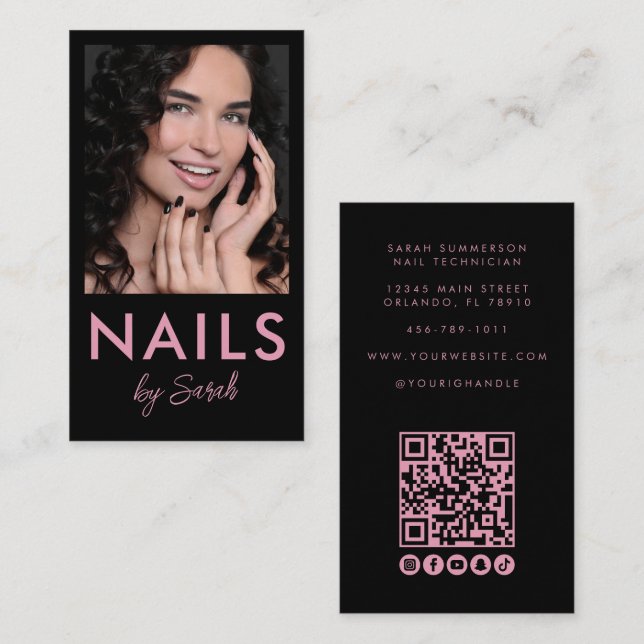 Nagelstudio QR-kod Foto Script Rosa Svart Visitkort (Fram/baksida)
