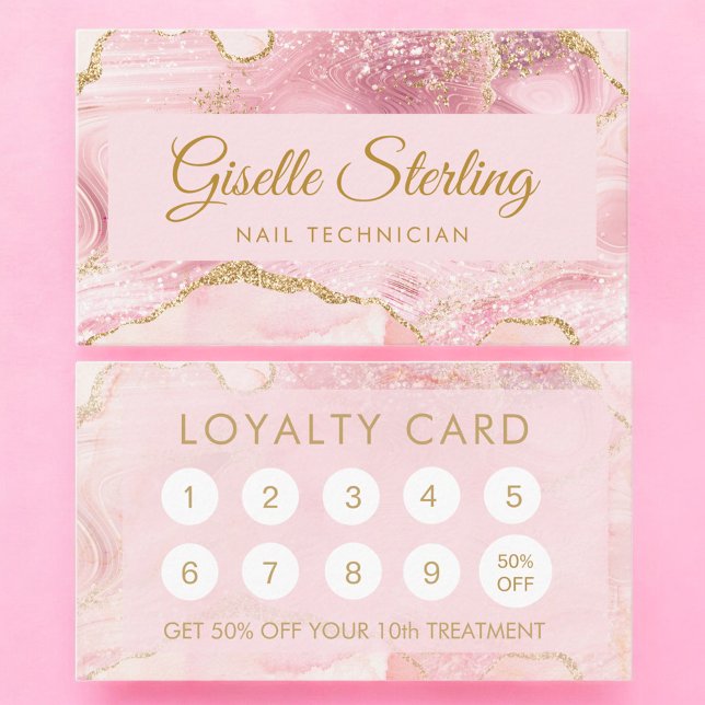 Nageltekniker Blush Rosa Guld Agat Marmor Lojalitetskort (Skapare uppladdad)