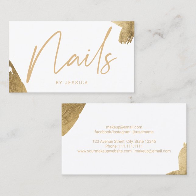 Nageltekniker elegant guld brushstroke vit visitkort (Fram/baksida)