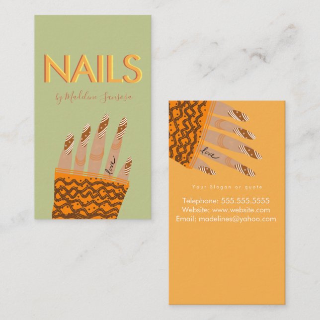 Nageltekniker Orange Trippel Bokstav Hands Visitkort (Fram/baksida)