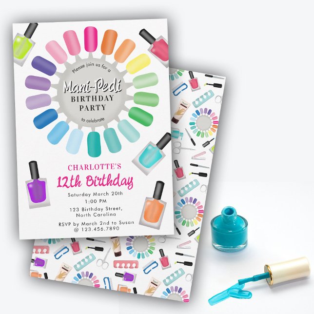 Naglar Manikyr Pedikyr Mani Pedi Flickor Födelseda Inbjudningar (Nails Manicure Pedicure Mani Pedi Girls Birthday Invitation)