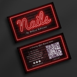 Naglar Manikyrist Röd Neon & Tegelvägg QR-kod Visitkort